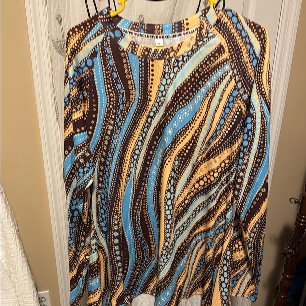 Exclusively Fancy Blue and Brown Graphic Long Sleeve Blouse